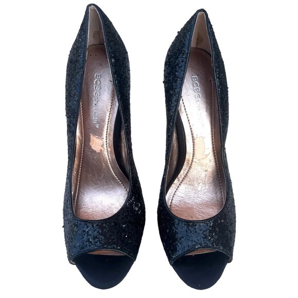 BCBGeneration Women’s Size 7.5B Sequin Black Peep Toe 1.5” Platform 5” Heels Sti - Picture 3 of 11